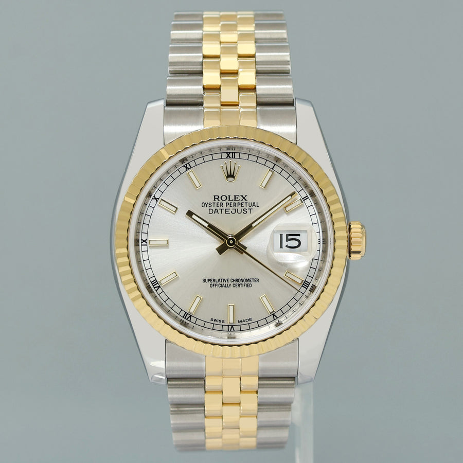 2013 PAPERS MINT Rolex 116233 DateJust Jubilee 36mm Two Tone Gold Silver Stick Watch