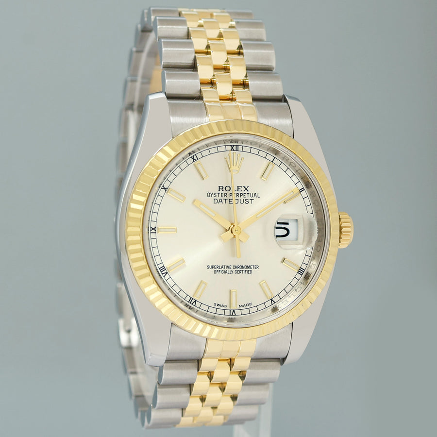 2013 PAPERS MINT Rolex 116233 DateJust Jubilee 36mm Two Tone Gold Silver Stick Watch