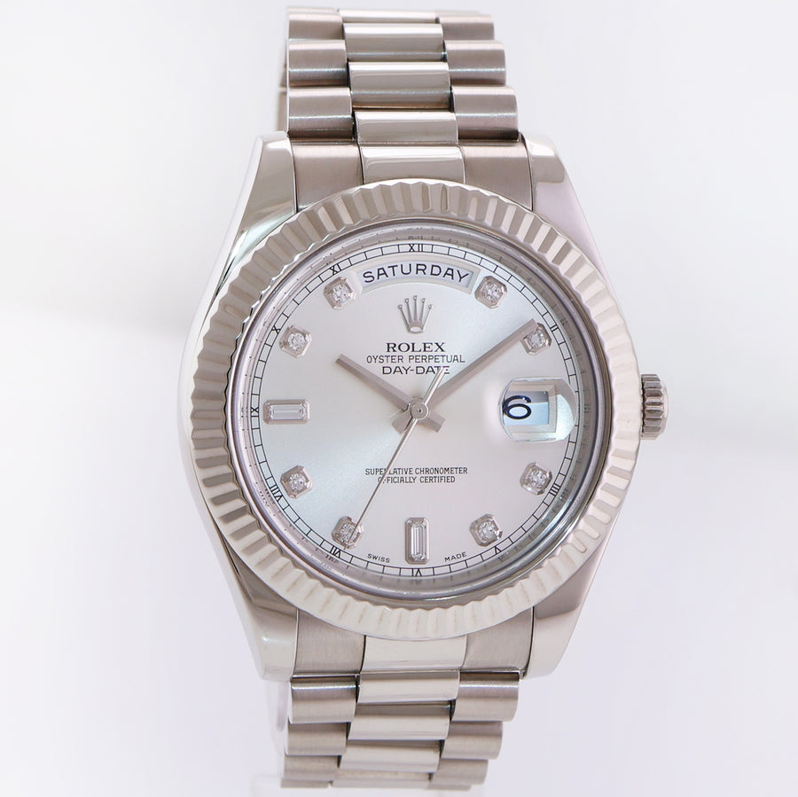 MINT ROLEX Day Date 218239 White Gold 41MM President Silver Diamond Watch Box