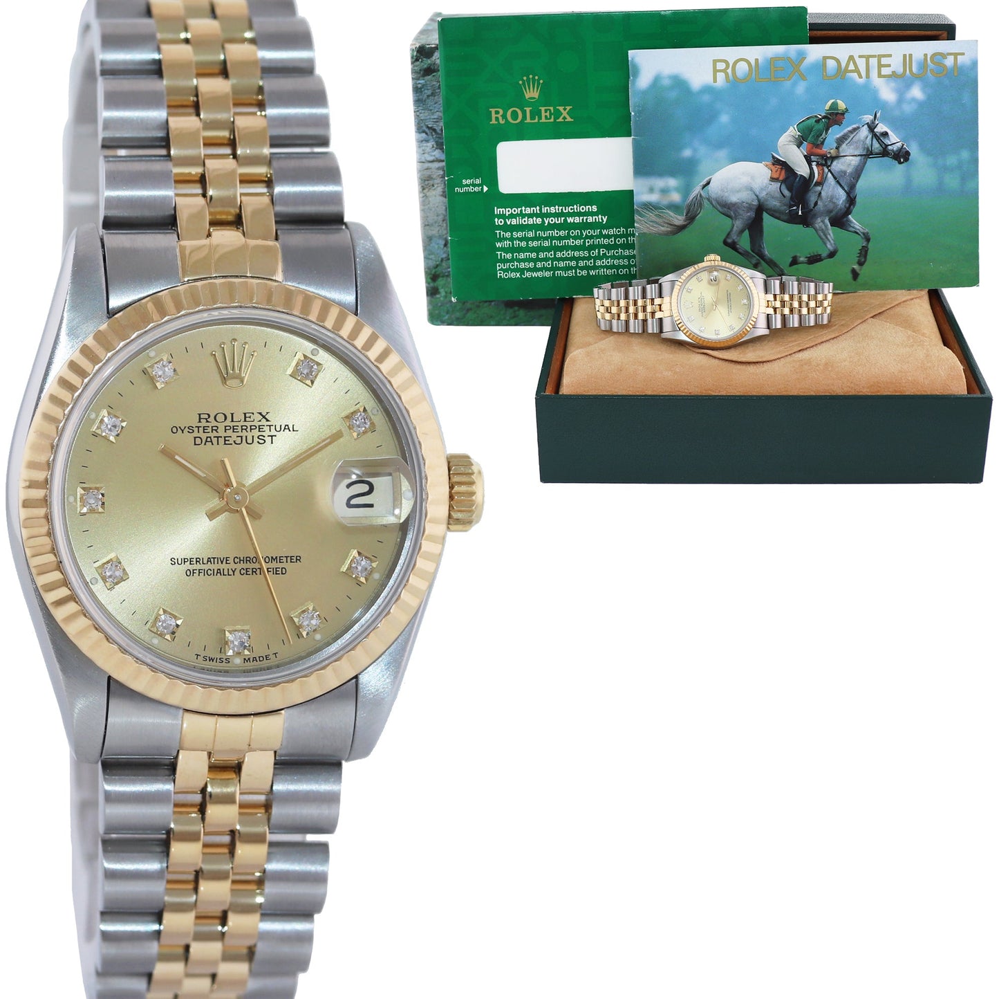 MINT Ladies Rolex 68273 Two Tone 18k Gold Steel 31mm Champagne Diamond Dial Watch