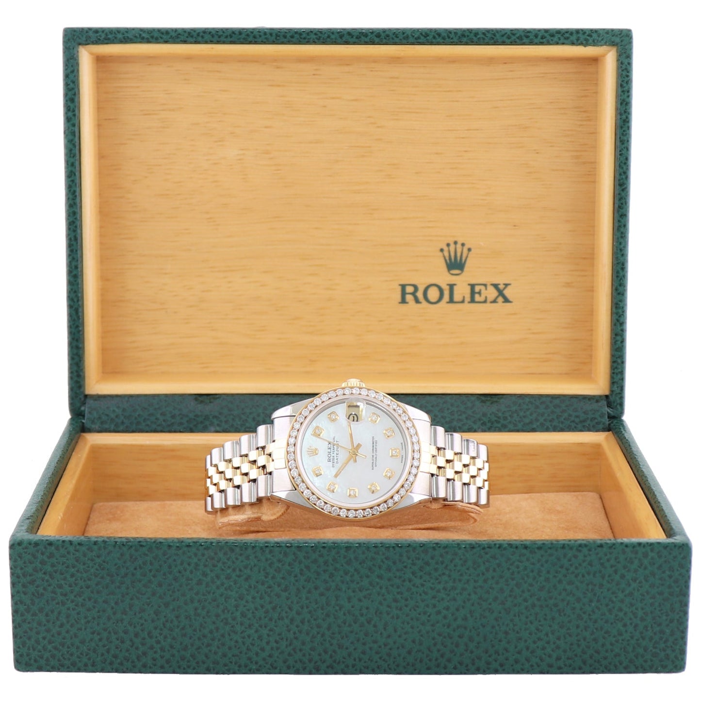 Ladies Rolex 68273 Two Tone 18k Gold Steel 31mm Pearl Diamond Dial Bezel Watch