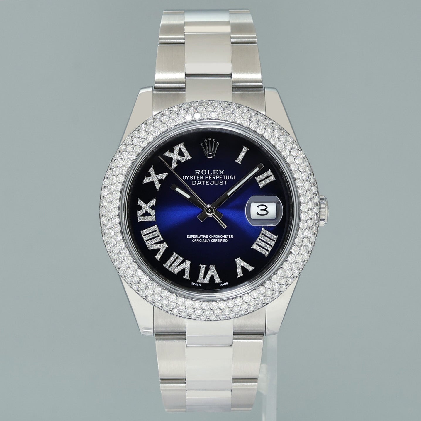 DIAMOND BEZEL Rolex DateJust 41 Steel 126300 Blue Roman Dial Oyster Watch Box