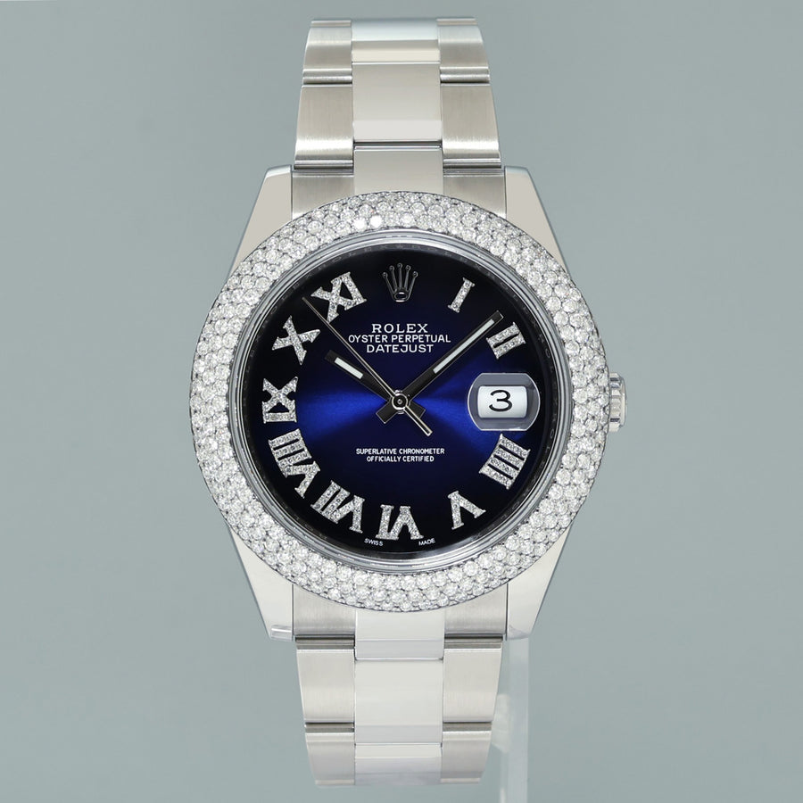 DIAMOND BEZEL Rolex DateJust 41 Steel 126300 Blue Roman Dial Oyster Watch Box