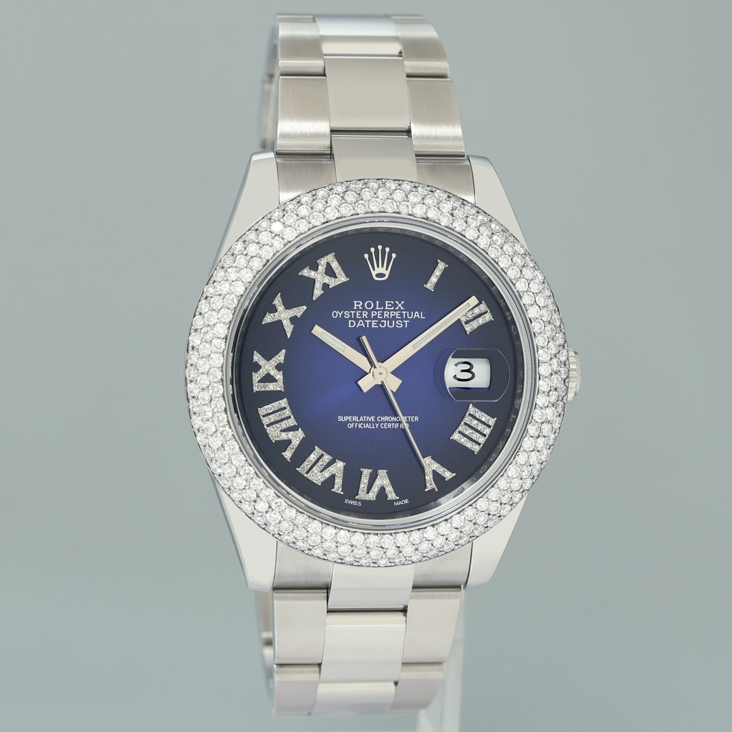 DIAMOND BEZEL Rolex DateJust 41 Steel 126300 Blue Roman Dial Oyster Watch Box