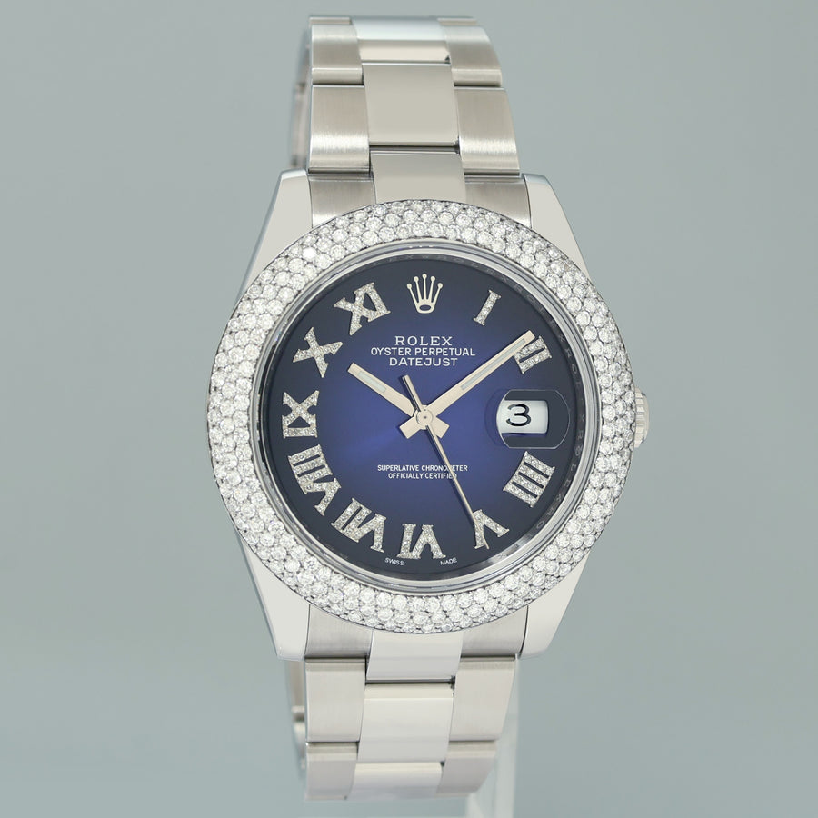 DIAMOND BEZEL Rolex DateJust 41 Steel 126300 Blue Roman Dial Oyster Watch Box