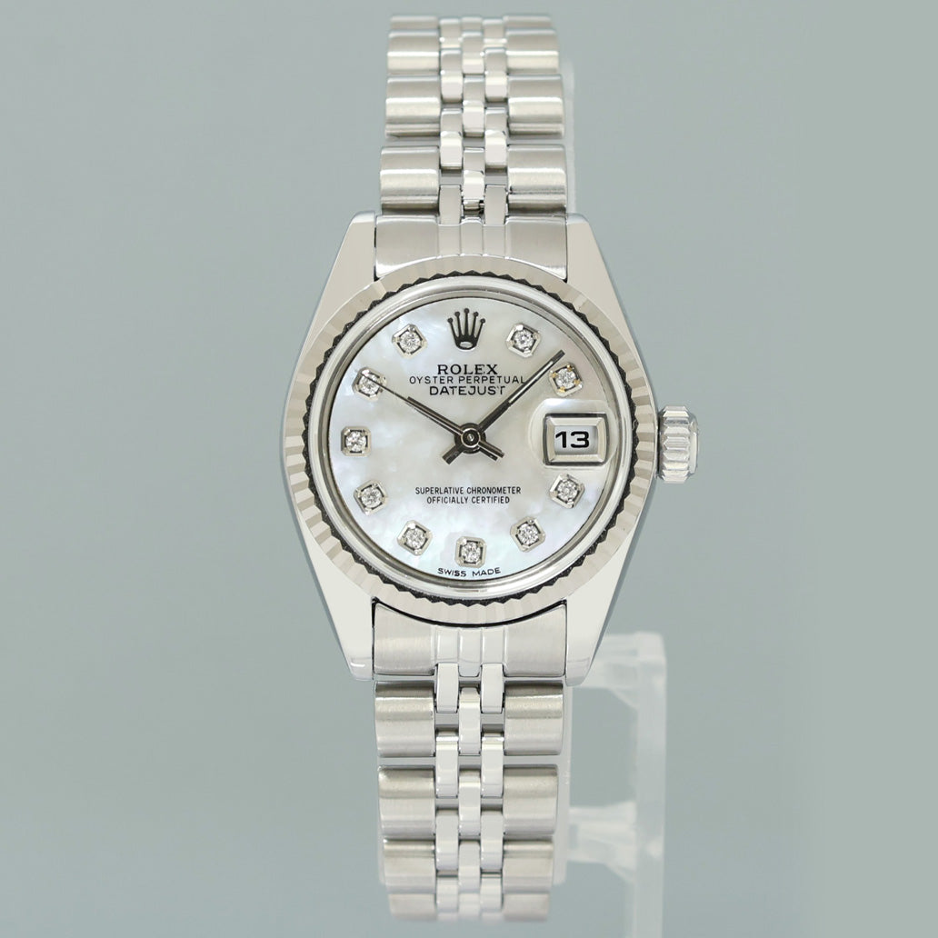 PAPERS Ladies Rolex 69174 DateJust 26mm Mother of Pearl Diamond Fluted Bezel Jubilee Watch