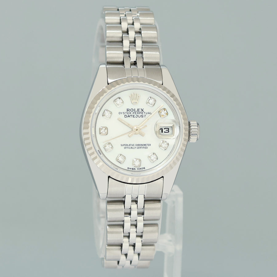 PAPERS Ladies Rolex 69174 DateJust 26mm Mother of Pearl Diamond Fluted Bezel Jubilee Watch