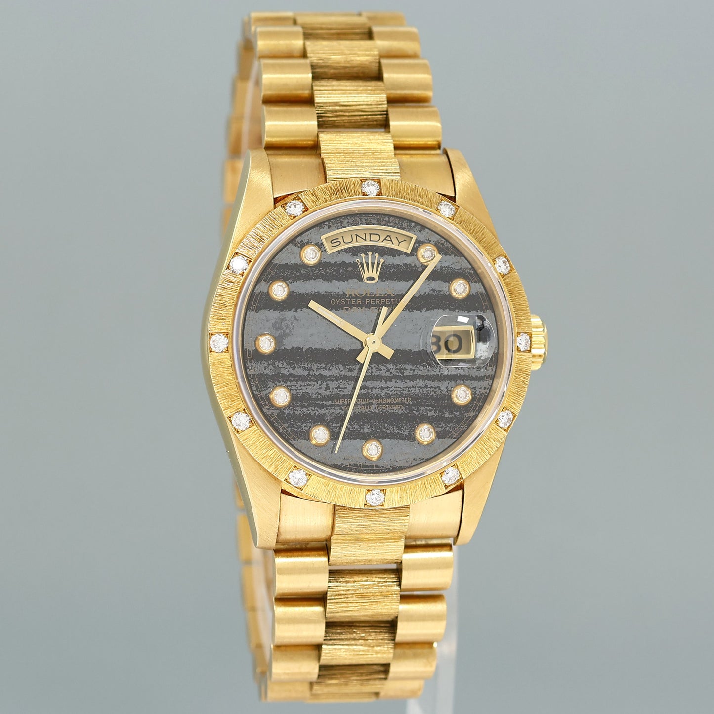 NOS PAPERS Rolex Day-Date President Ferrite Diamond 18308 Yellow Gold Bark Watch