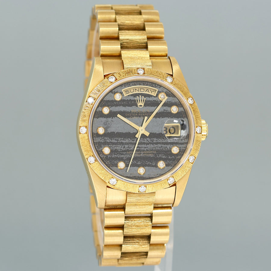 NOS PAPERS Rolex Day-Date President Ferrite Diamond 18308 Yellow Gold Bark Watch