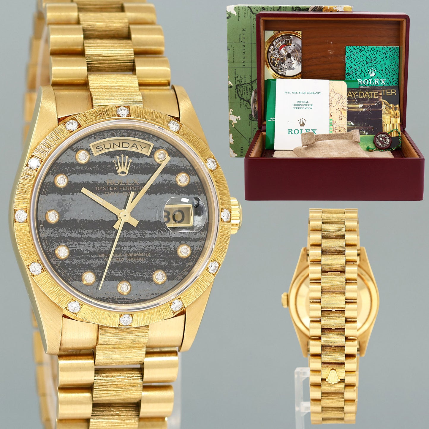 NOS PAPERS Rolex Day-Date President Ferrite Diamond 18308 Yellow Gold Bark Watch