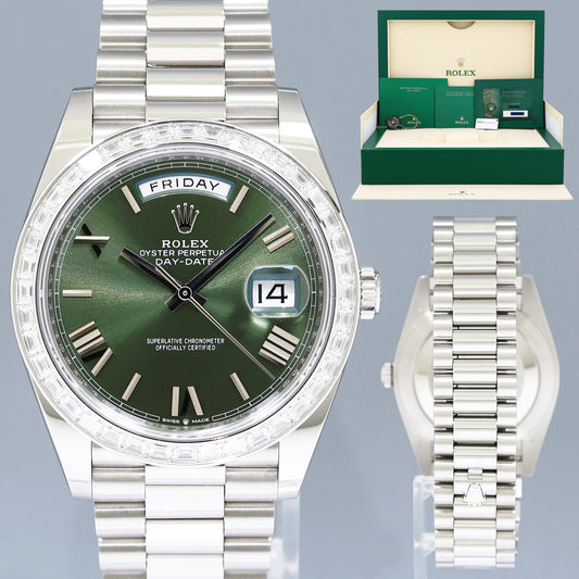 PAPERS NEW Rolex Day-Date 40 President 228236 Platinum Baguette Green Roman Watch