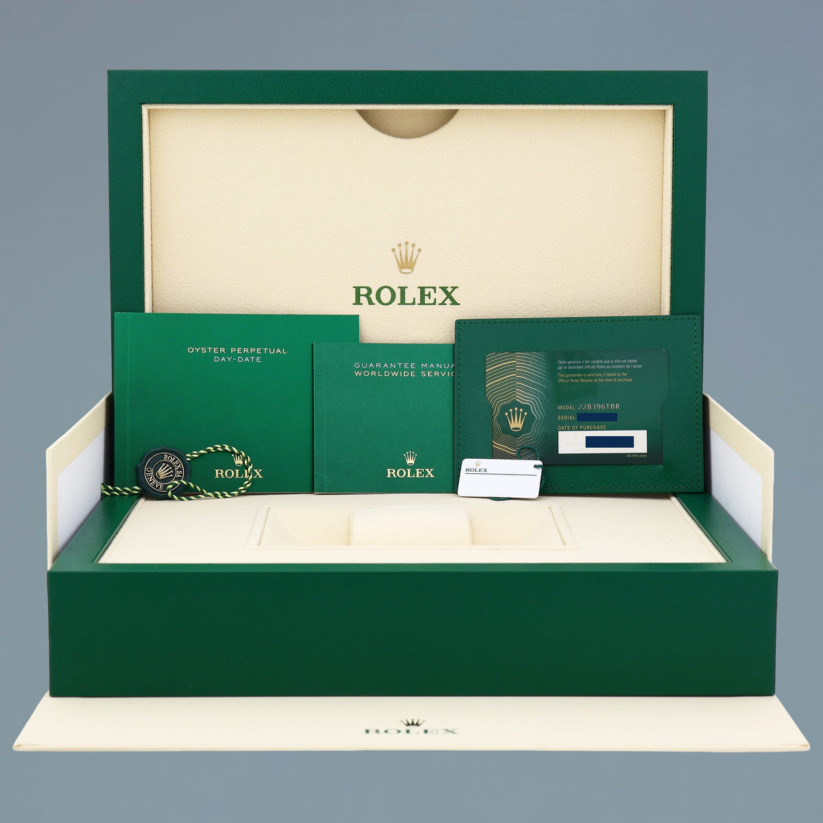 PAPERS NEW Rolex Day-Date 40 President 228236 Platinum Baguette Green Roman Watch
