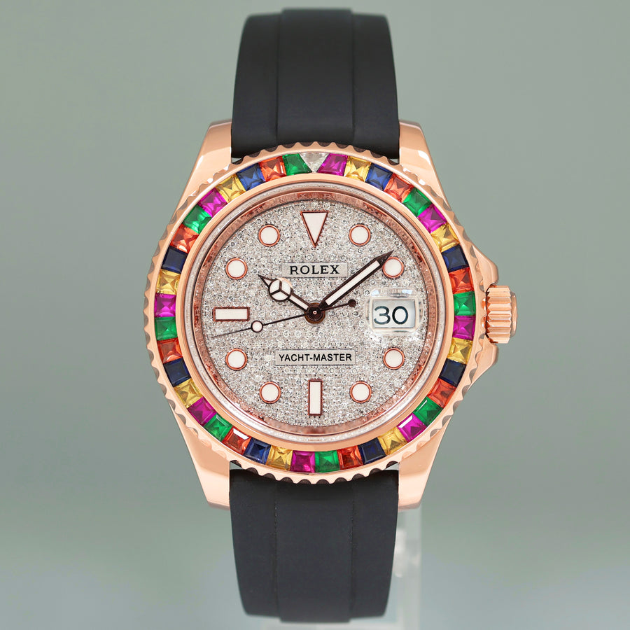 MINT Rolex Yacht-Master 116655 Rose Gold 40mm Pave Diamond Rainbow Sapphire Watch