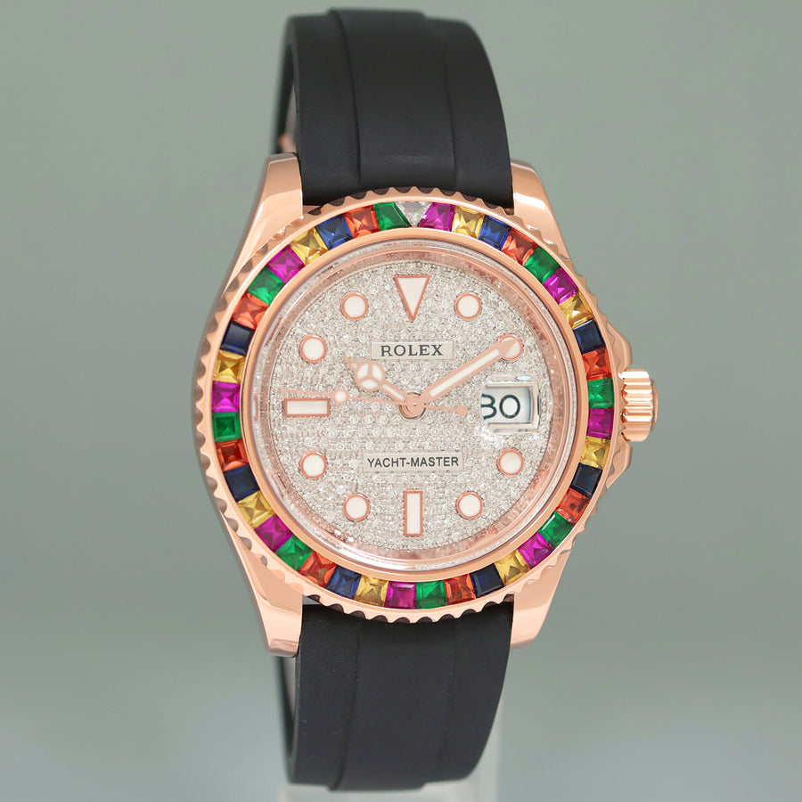 MINT Rolex Yacht-Master 116655 Rose Gold 40mm Pave Diamond Rainbow Sapphire Watch