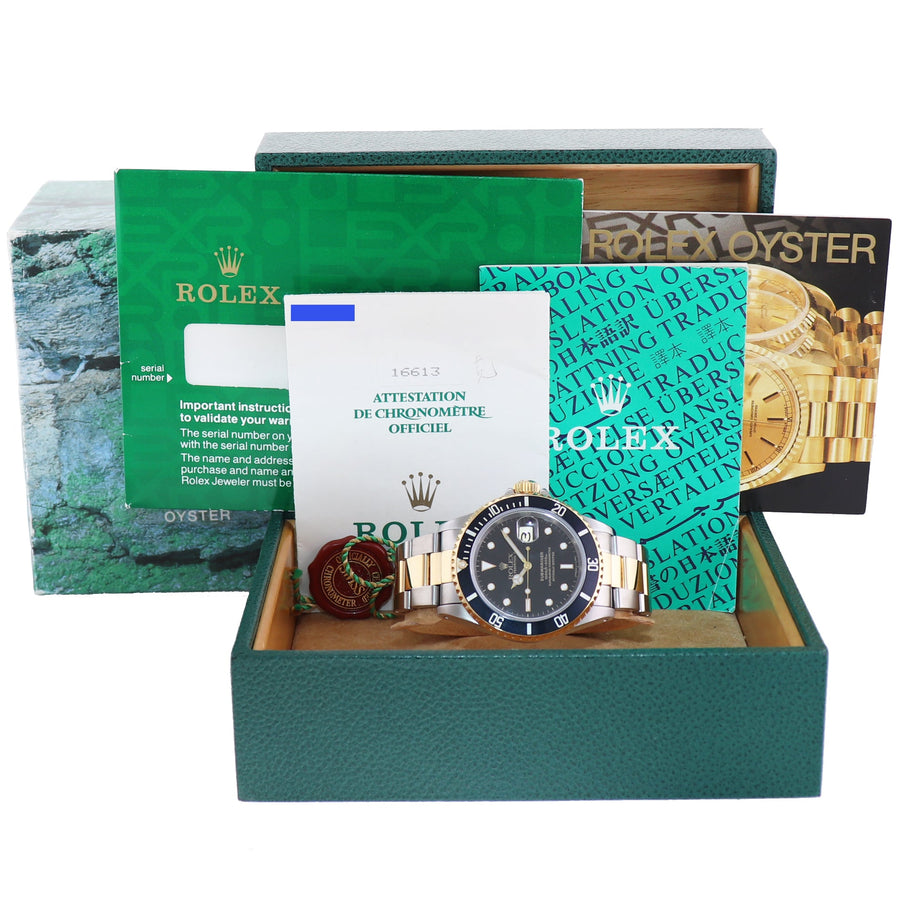 PAPERS MINT Rolex Submariner 16613 Gold 40mm Steel Two Tone Black Watch Box
