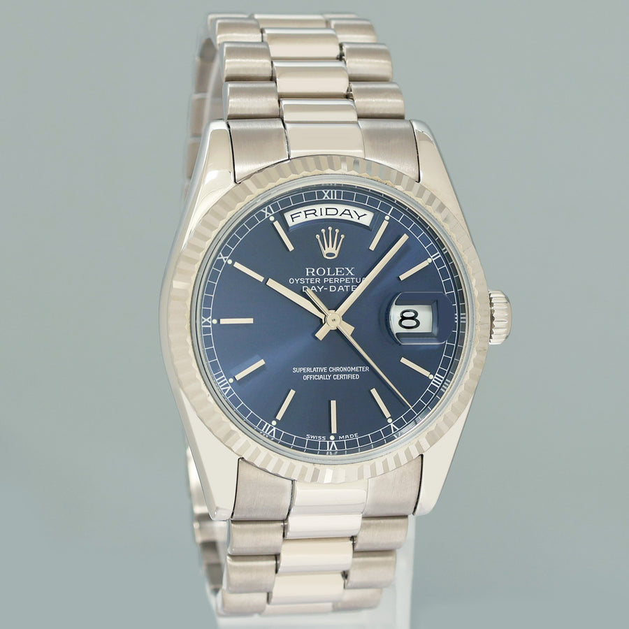 MINT Rolex President Day Date 118209 Blue Stick White Gold 36mm President Watch Box