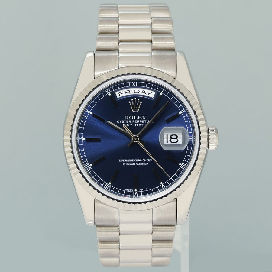 MINT Rolex President Day Date 118209 Blue Stick White Gold 36mm President Watch Box