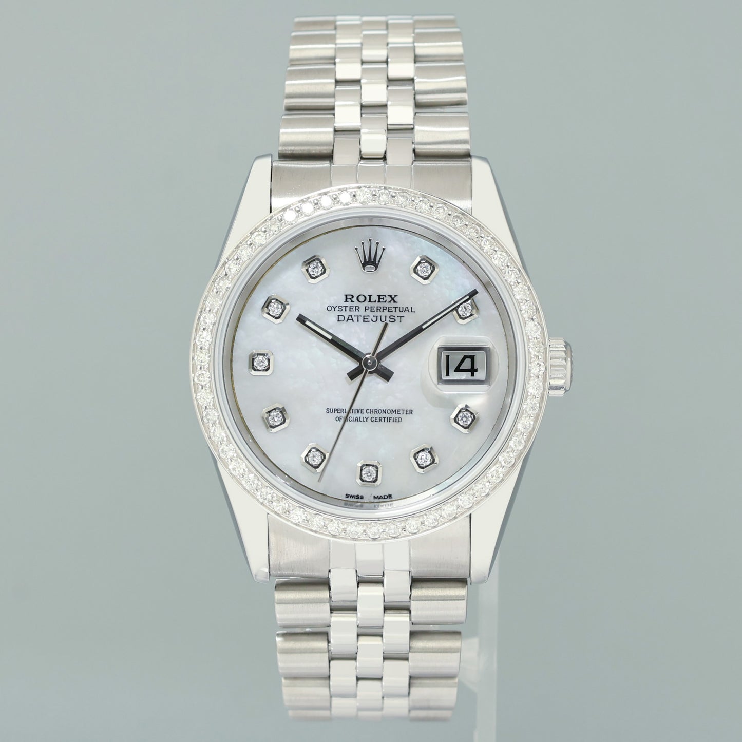 DIAMOND Bezel Rolex DateJust 36mm Mop Diamond 16220 Jubilee Steel Watch Box
