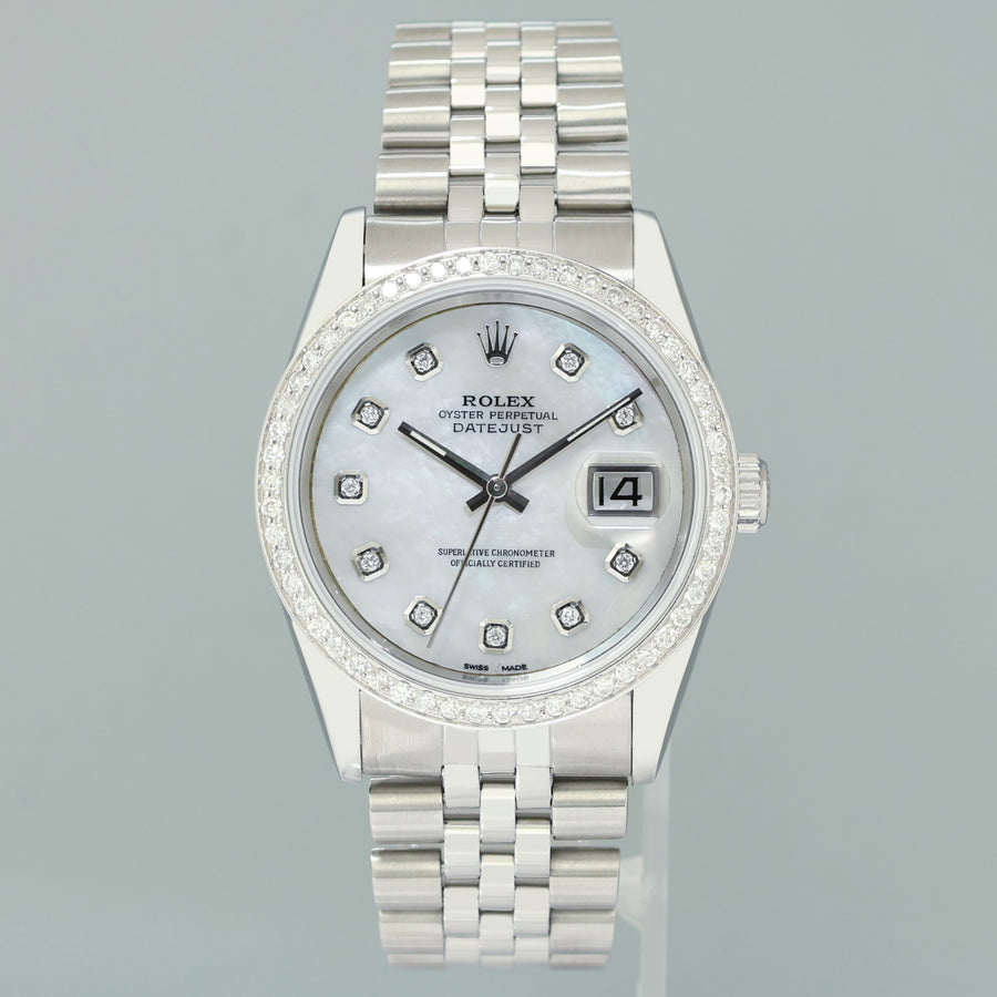 DIAMOND Bezel Rolex DateJust 36mm Mop Diamond 16220 Jubilee Steel Watch Box