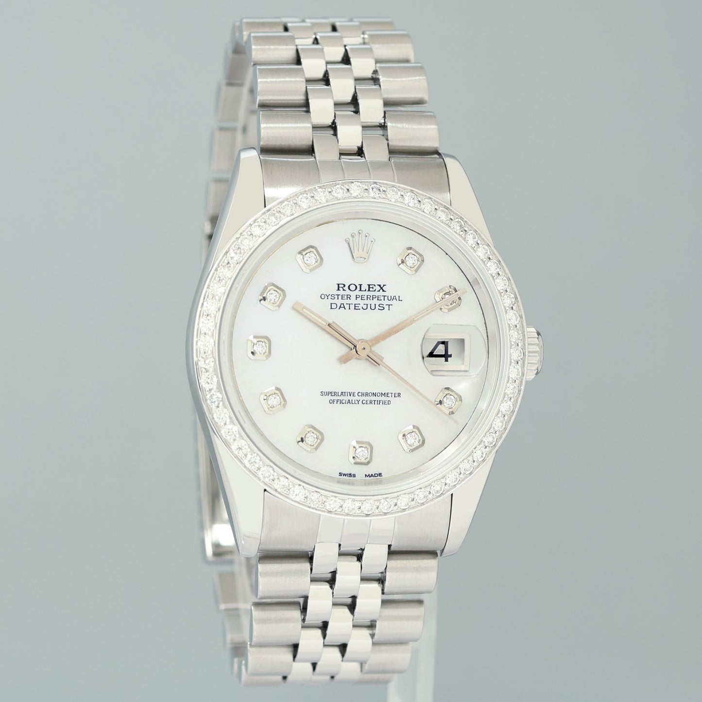 DIAMOND Bezel Rolex DateJust 36mm Mop Diamond 16220 Jubilee Steel Watch Box