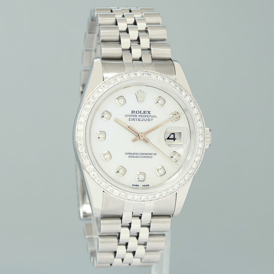DIAMOND Bezel Rolex DateJust 36mm Mop Diamond 16220 Jubilee Steel Watch Box