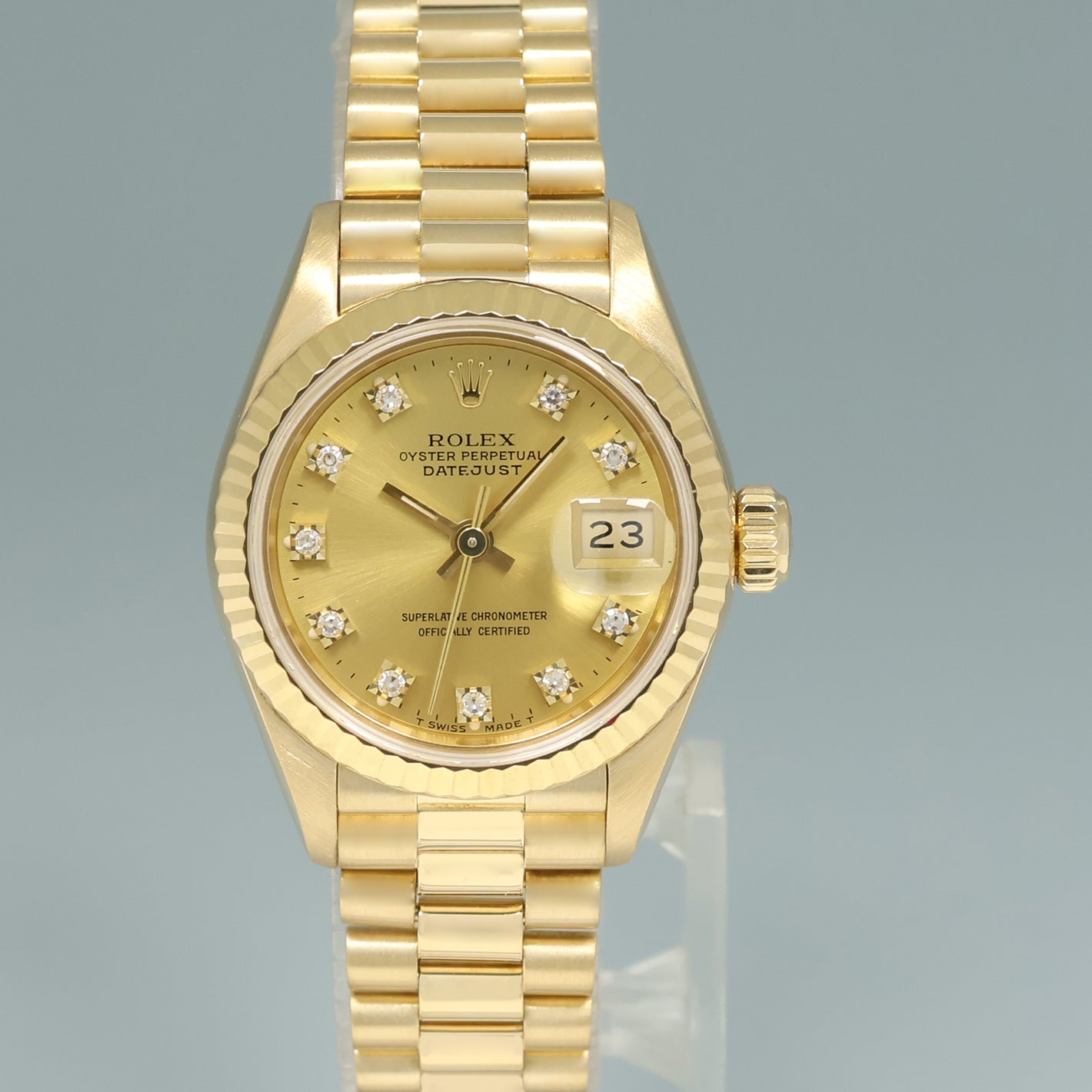MINT Champagne Diamond Ladies Rolex DateJust President 26mm 69178 Yellow Gold Watch