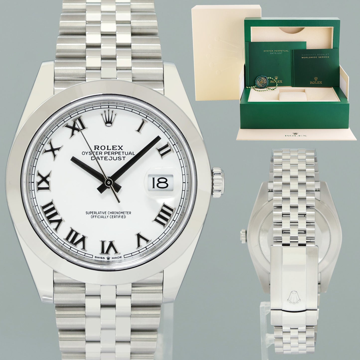 PAPERS MINT Rolex DateJust 41 Steel 126300 White Roman Jubilee Band 41mm Watch Box