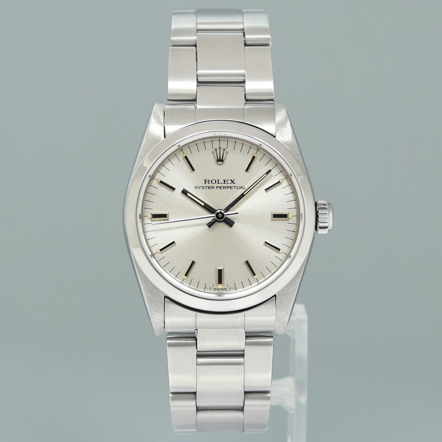 MINT Rolex Oyster Perpetual 67480 Midsize 31mm Silver Stick Dial Watch Box