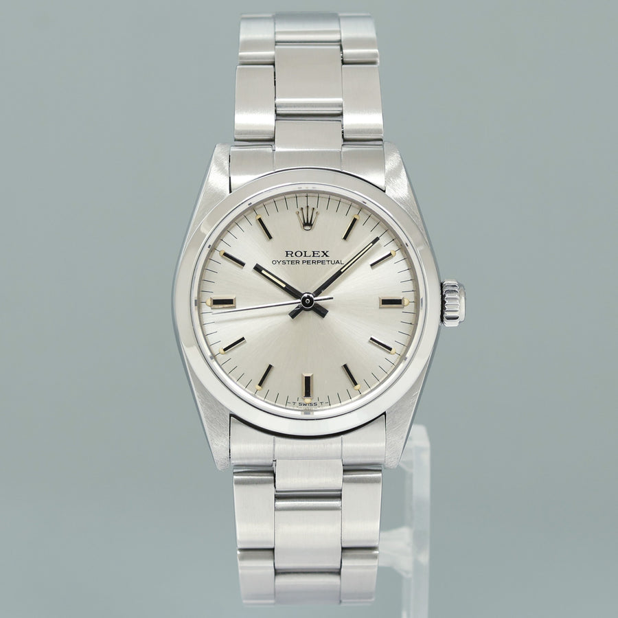 MINT Rolex Oyster Perpetual 67480 Midsize 31mm Silver Stick Dial Watch Box