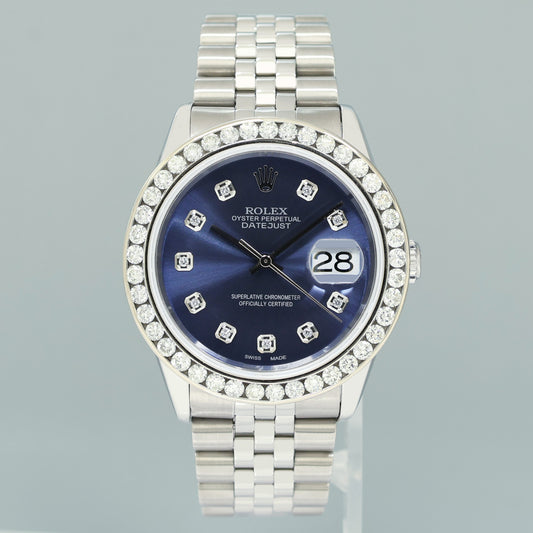 DIAMOND Bezel Rolex DateJust 36mm Blue Diamond 16200 Jubilee Steel Watch Box