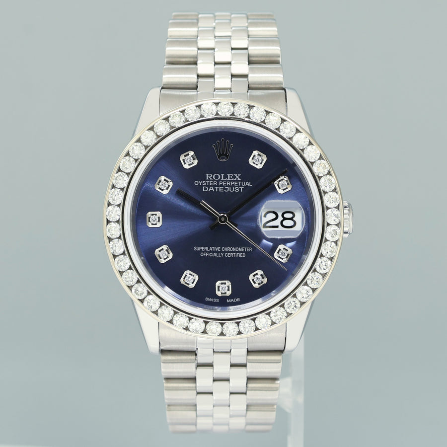 DIAMOND Bezel Rolex DateJust 36mm Blue Diamond 16200 Jubilee Steel Watch Box