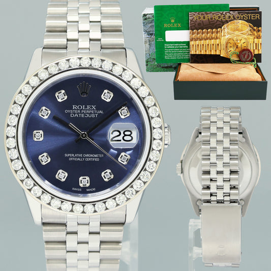 DIAMOND Bezel Rolex DateJust 36mm Blue Diamond 16200 Jubilee Steel Watch Box