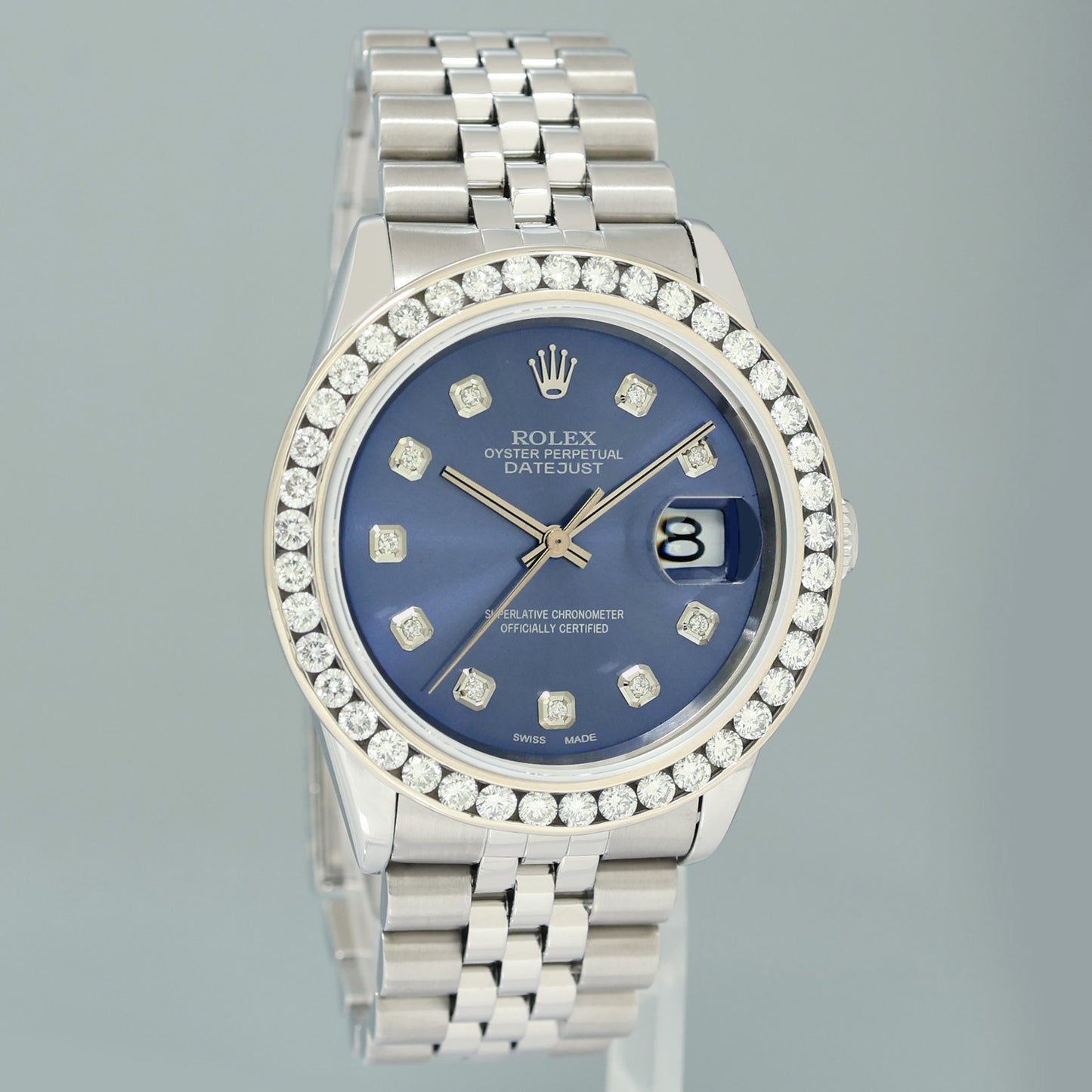 DIAMOND Bezel Rolex DateJust 36mm Blue Diamond 16200 Jubilee Steel Watch Box