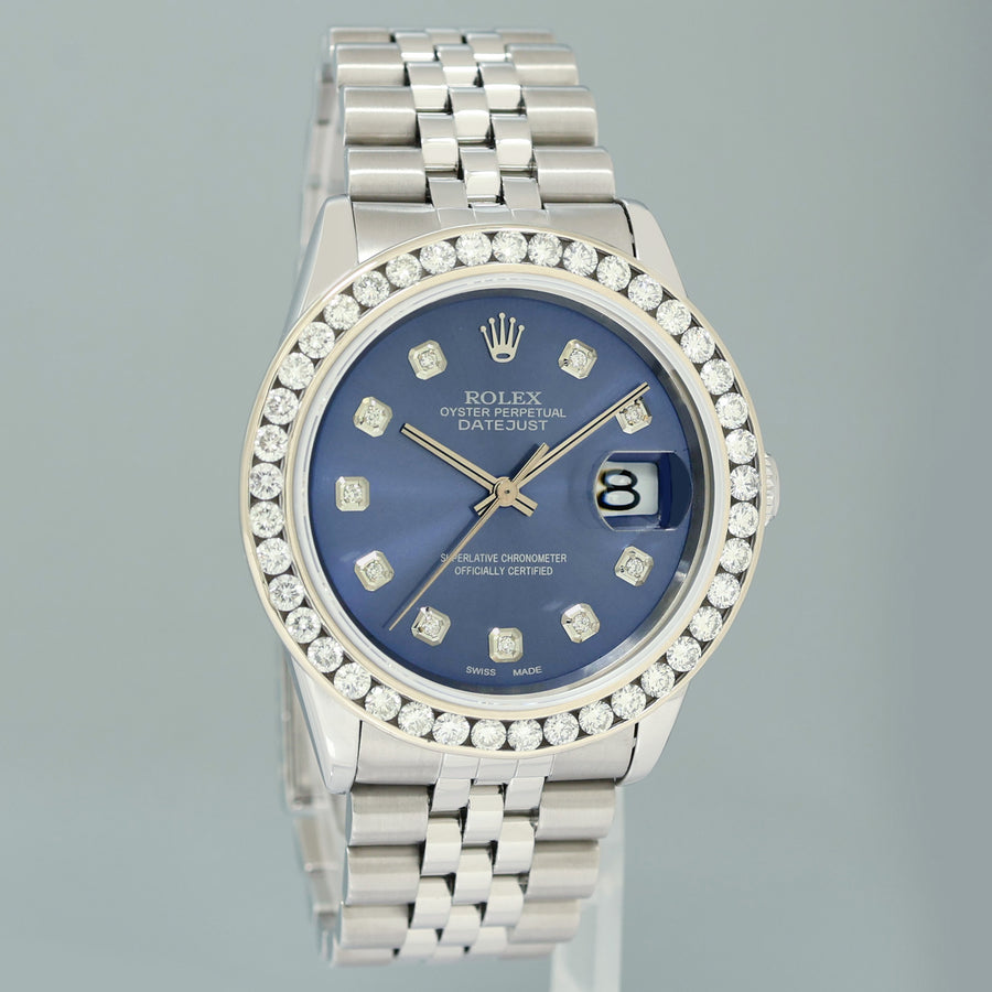 DIAMOND Bezel Rolex DateJust 36mm Blue Diamond 16200 Jubilee Steel Watch Box