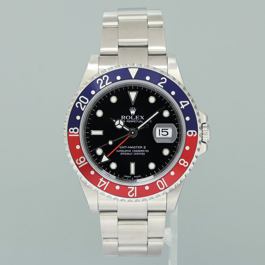 MINT 2000 Rolex 16710 GMT-Master II Pepsi Blue Red Steel Watch Black Watch Box