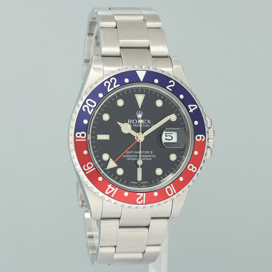 MINT 2000 Rolex 16710 GMT-Master II Pepsi Blue Red Steel Watch Black Watch Box