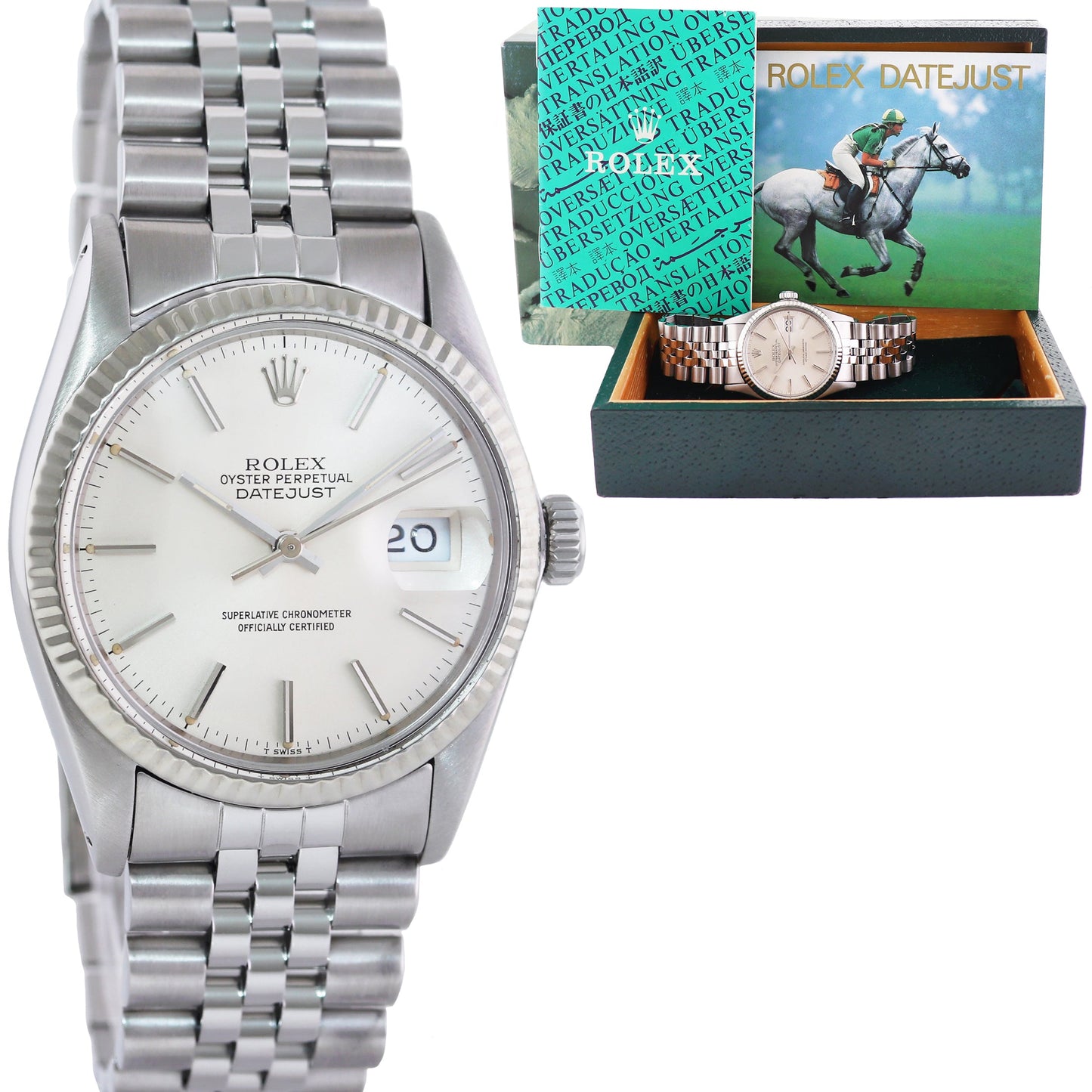 MINT Rolex DateJust 16014 Silver Stick Dial White Gold Bezel Jubilee Band 36mm Watch