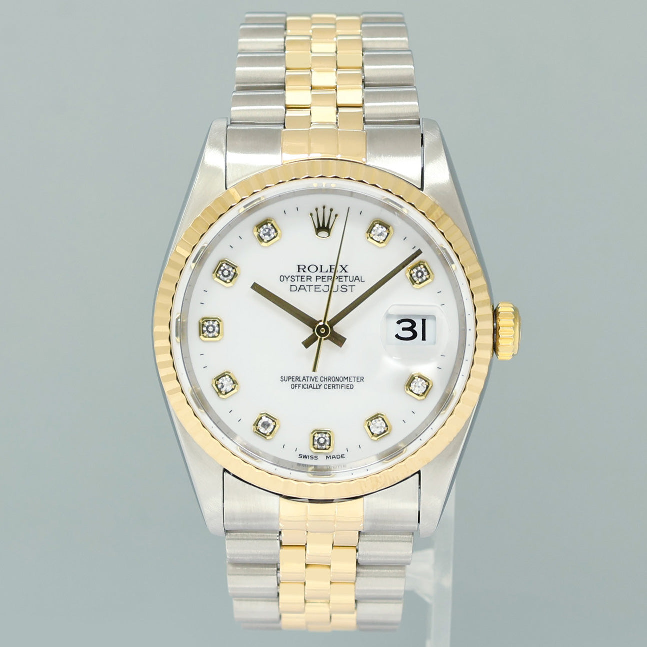 PAPERS MINT Rolex DateJust 16233 Two Tone Yellow Gold Jubilee White Diamond Watch