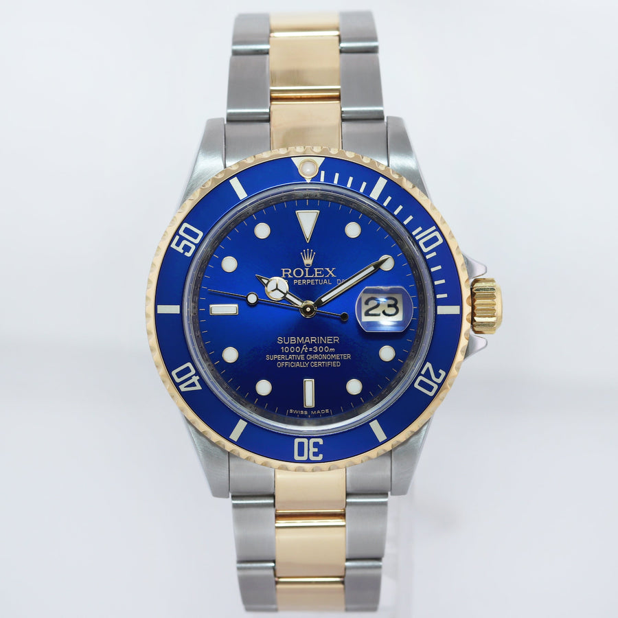 MINT 2008 GOLD BUCKLE Rolex Submariner 16613 LB Gold Steel Blue Watch Box