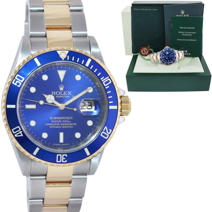 MINT 2008 GOLD BUCKLE Rolex Submariner 16613 LB Gold Steel Blue Watch Box
