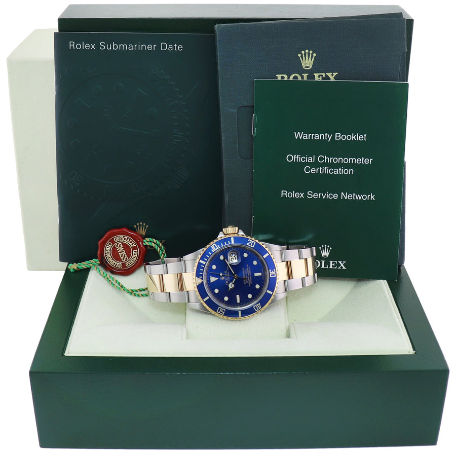 MINT 2008 GOLD BUCKLE Rolex Submariner 16613 LB Gold Steel Blue Watch Box