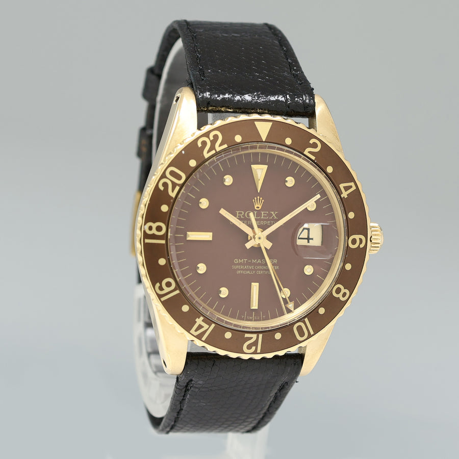 Rolex Root Beer 1675 NO CROWN GUARD Yellow Gold GMT Brown Root Beer Nipple Watch