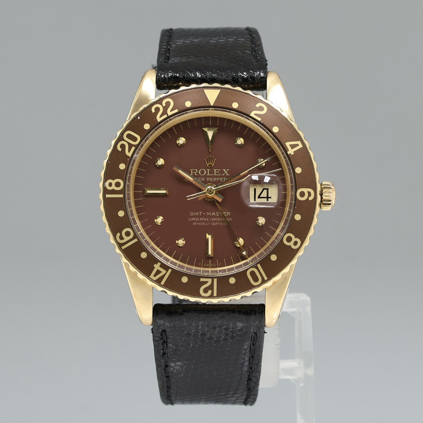 Rolex Root Beer 1675 NO CROWN GUARD Yellow Gold GMT Brown Root Beer Nipple Watch