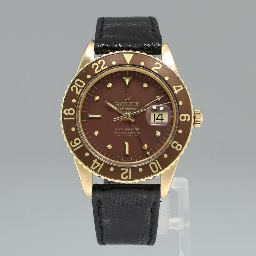 Rolex Root Beer 1675 NO CROWN GUARD Yellow Gold GMT Brown Root Beer Nipple Watch