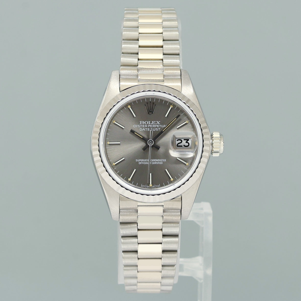 PAPERS Ladies Rolex DateJust Silver Sigma President 26mm 6917 White Gold Watch Box