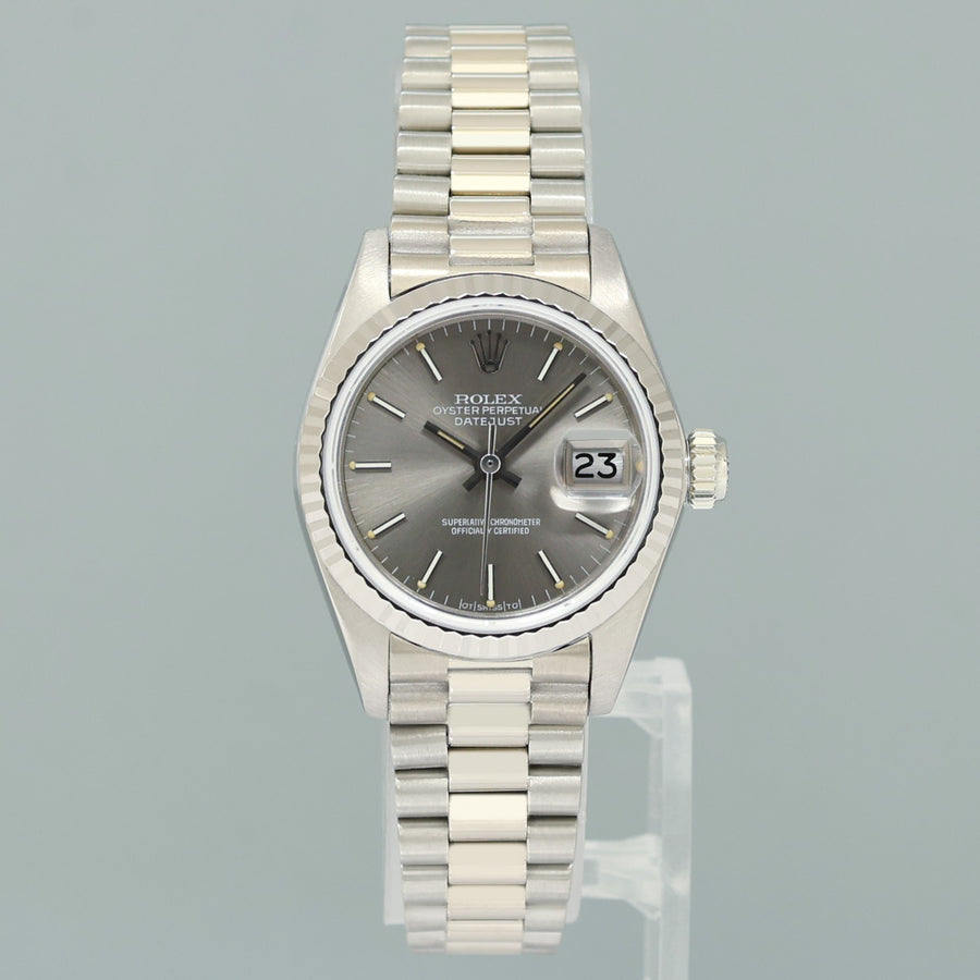 PAPERS Ladies Rolex DateJust Silver Sigma President 26mm 6917 White Gold Watch Box