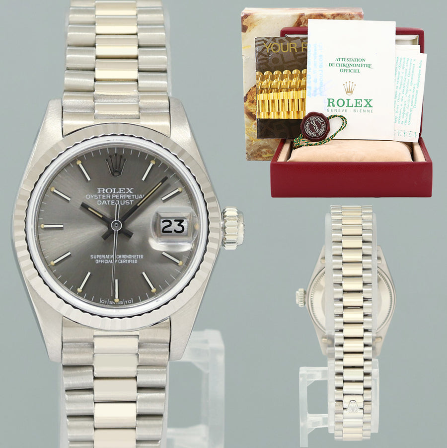 PAPERS Ladies Rolex DateJust Silver Sigma President 26mm 6917 White Gold Watch Box