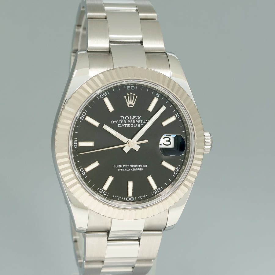 2020 MINT Rolex DateJust 41 Black Stick Oyster White Gold Fluted 126334 Watch Box