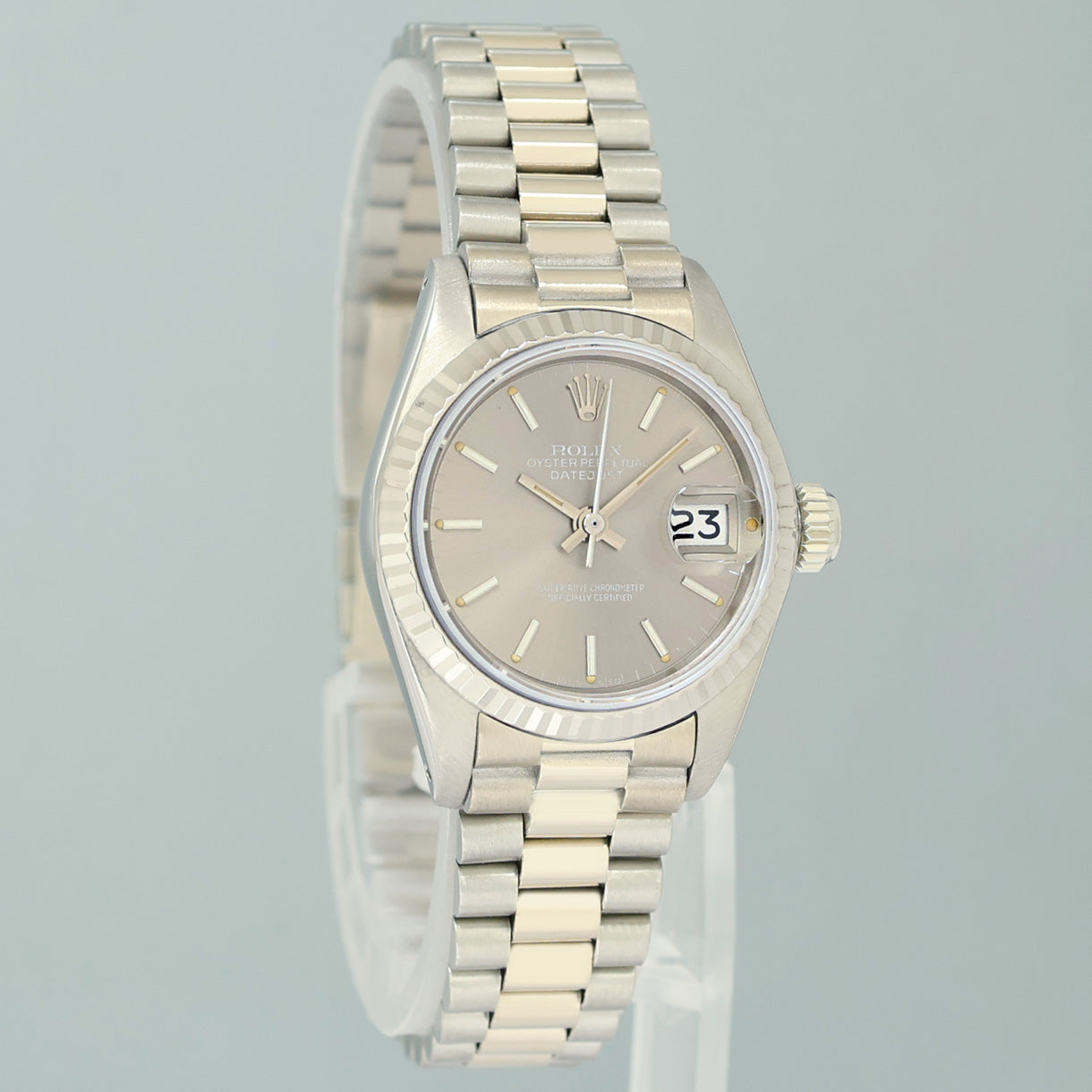 PAPERS Ladies Rolex DateJust Silver Sigma President 26mm 6917 White Gold Watch Box