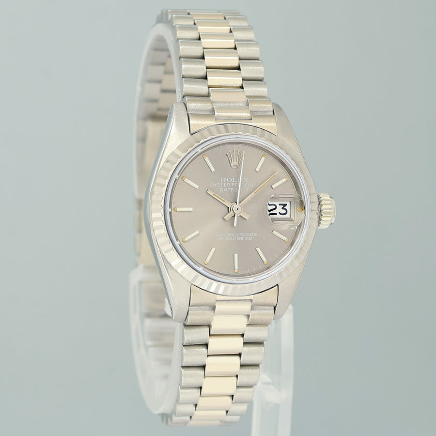 PAPERS Ladies Rolex DateJust Silver Sigma President 26mm 6917 White Gold Watch Box